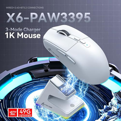 ATTACK SHARK X6 Lightweight Wireless Gaming Mouse with RGB Backlight Charging Base,Tri-Mode Wired/2.4GHz/BT5.2,26K DPI, PAW3395 Optical Sensor,HUANO Switch,5programmable Buttons,PC/Mac(White) - color: White, size: Mouse without Anti-slip sticker