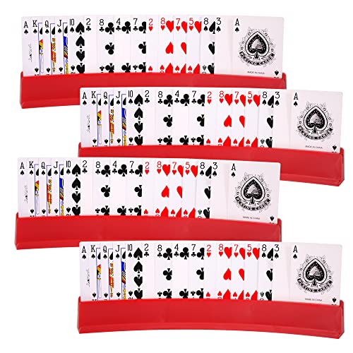 (Set of 4) Playing Card Holder for Kids Seniors, Domino Holder, Plastic Hands Free Cards Holders for Canasta, Poker Parties, Dominoes (Red) - color: Red
