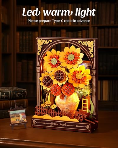 3D Wooden Puzzles for Adults - Van Gogh Golden Sunflower DIY Model Building Kits with LED Light - Gifts for Mothers Day - Home Decor, Wall Art & Unique Creative Gifts for Art Lovers/Men/Women - style: Golden Sunflower