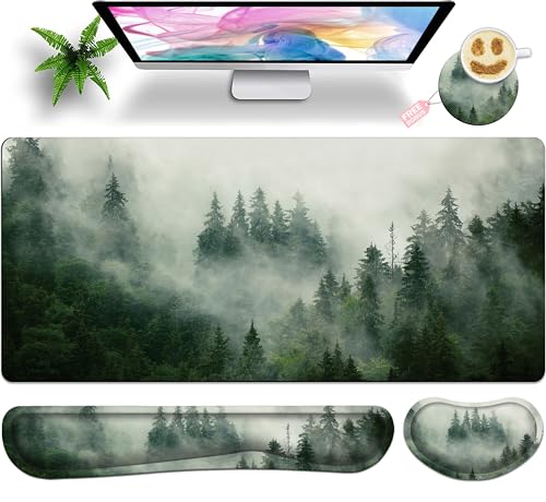 Forest Desk Pad Large Gaming Mouse Pad Set 35.4 x 15.7 with Keyboard Wrist Rest, Wrist Support, and Coaster Memory Foam Smooth Desk Pad Mousepad for Home Office School - color: Forest Foggy, size: 35.4" x 15.7" x 0.12" (Set of 4 Items)