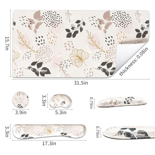 QIYI PU Leather Desk Mat Set, 4-in-1 Ergonomic Wrist Rest, Botanical Leaf | Waterproof Large Mouse Pad 31.5×15.7 + Keyboard Wrist Rest + Mouse Wrist Support+Coaster, Non-Slip Office Gaming Accessories - color: Botanical Leaves