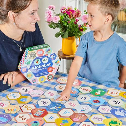 eeBoo Hexagon Puzzle Pairs - Alphabet, 33 Self-Correcting Pairs, Match Pictures to Letters, Pre-Reading Activity for Preschool Kids Ages 3 and up - style: Alphabet