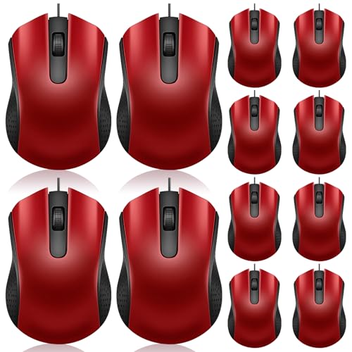 Hoteam 12 Pcs Black Wired Computer Mouse Bulk Cord USB Computer Mice Ergonomic Wired Mouse for Pcs, Computers, Laptops, Gaming Office Home Supplies - color: Red