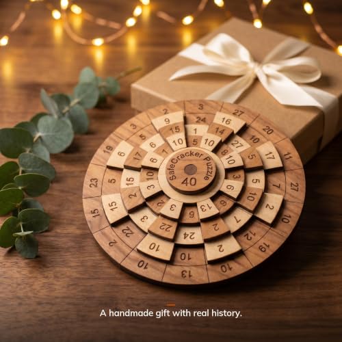 Creative Crafthouse Safecracker 40 Brain Teaser Puzzle for Adults, USA Made | Four rotating wooden rings, Align all 16 columns to one shared sum. A palm size number challenge for the desk or office - style: Safecracker 40