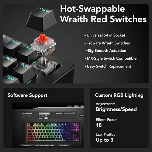TECWARE Phantom+ Elite 87 Key RGB Mechanical Gaming Keyboard | 3 Mode Wireless Bluetooth 5.0 2.4GHz & USB C Wired | Hot Swappable 5 Pin | Double Shot PBT Keycaps | Wraith Red Switch - Black - color: Red Switch, size: Phantom+ Elite 87 | Black