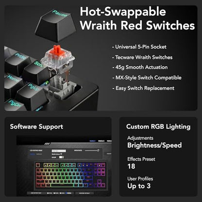 TECWARE Phantom+ Elite 87 Key RGB Mechanical Gaming Keyboard | 3 Mode Wireless Bluetooth 5.0 2.4GHz & USB C Wired | Hot Swappable 5 Pin | Double Shot PBT Keycaps | Wraith Red Switch - Black - color: Red Switch, size: Phantom+ Elite 87 | Black