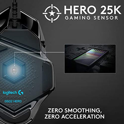 Logitech G502 Hero Wired Gaming Mouse - Black | High performance, 25,600 DPI, RGB, adjustable weights, 11 programmable buttons, on-board memory, PC/Mac - style: Wired