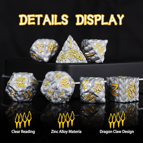 Dragon Scales Metal Dice Set with Intricate Dragon Claw Engravings - Gift Metal Box for D&D, MTG, RPG Tabletop Games（Gray） - color: Grey Dragon Scale (Dragon Claw)