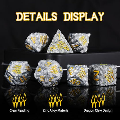 Dragon Scales Metal Dice Set with Intricate Dragon Claw Engravings - Gift Metal Box for D&D, MTG, RPG Tabletop Games（Gray） - color: Grey Dragon Scale (Dragon Claw)