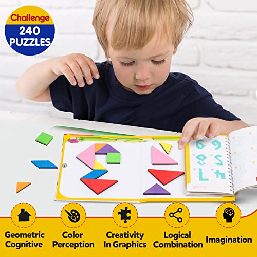 Travel Tangram Puzzle Car Game Magnetic Pattern Blocks Road Airplane Trip Essentials Activities Montessori Educational Toys Brain Teasers Book for Age 4-8 Kids Boys Girls Toddler (240 Solution) - color: 240 Solution