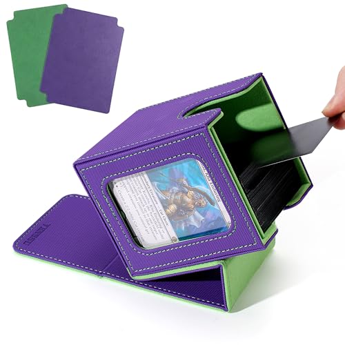 MTG Deck Box with Commander Display Window (Purple&Green, 1 window) | Holds 120 Single/100 Double-Sleeved Cards, Fit MTG/PTCG/OPTCG Cards, Strong Magnet, PU Leather, With 2 Dividers & 1 Toploader - color: Purple and Green