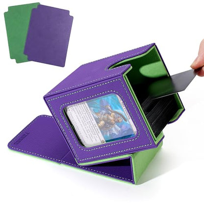 MTG Deck Box with Commander Display Window (Purple&Green, 1 window) | Holds 120 Single/100 Double-Sleeved Cards, Fit MTG/PTCG/OPTCG Cards, Strong Magnet, PU Leather, With 2 Dividers & 1 Toploader - color: Purple and Green