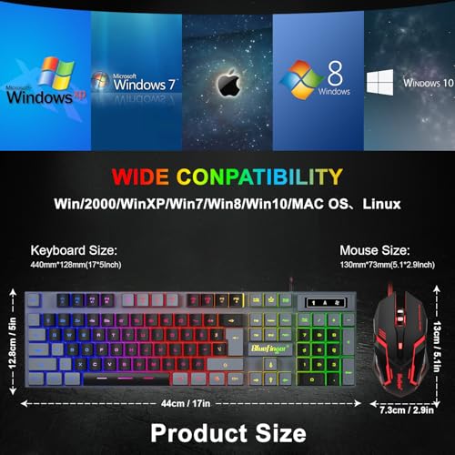 BlueFinger RGB Gaming Keyboard and Backlit Mouse Combo, USB Wired, LED Gaming Set for Laptop PC Computer Game and Work(Gray & Black) - color: Gray & Black