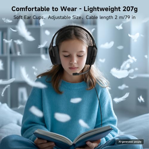 syndesmos Wired Gaming Headset for PS5, PC, Xbox Series X/S, Switch, 207g Ultra-Lightweight, Stereo Bass, 79in Cable with 3.5mm Splitter, Clear Mic, Gamer Gifts