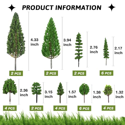 32PCS Model Trees Mixed Miniature Trees Model Tree Train Trees Railroad Scenery Diorama Tree Architecture Trees Fake Trees for Building Model DIY Crafts Diorama Scenery Landscape, Natural Green