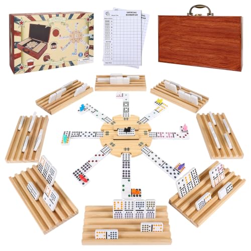 GOTHINK Double 12 Mexican Train Dominoes Set in Wooden Carry Case, Colored Dots Domino Set for Adults Kids and Family, Included 91 Tiles, 9 Trains, Wooden Hub, 8 Holders, 2 Scorepad, Modern Box - color: D12 + 8 Holders + Modern Box