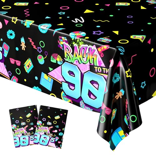 Blue Orchards 90s Table Covers (Pack of 2) – 54x108 Inch XL - Retro Theme Plastic Tablecloth, Back to the 1990s Rave Party Decoration, Past Hip Hop Throwback Birthday Decor, Adults Backdrop Decor - color: 90s (Pack of 2)