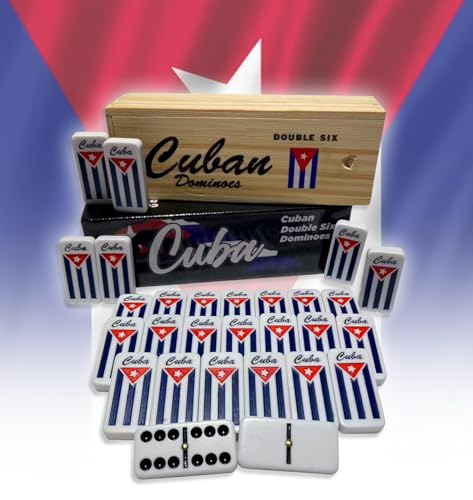 PRK 14 Cuban Double Six Dominoes Set - Classic Cubano Flag Combo Design with Wooden Box, Engraved Cuban Flag, Quality Tiles for Authentic Domino Experience