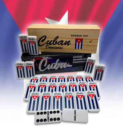 PRK 14 Cuban Double Six Dominoes Set - Classic Cubano Flag Combo Design with Wooden Box, Engraved Cuban Flag, Quality Tiles for Authentic Domino Experience