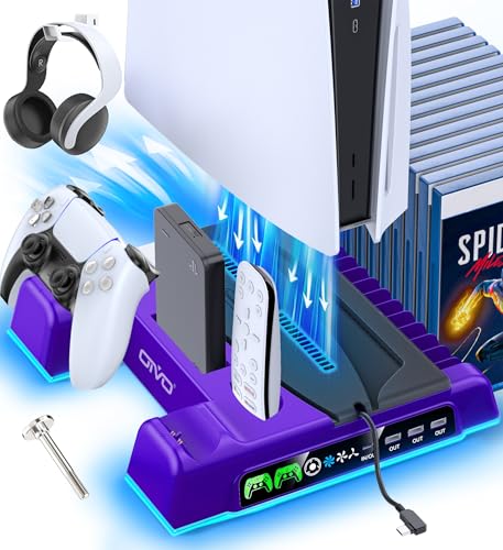 PS5/Slim/Pro Stand and Cooling Station with LED Controller Charging Station for PlayStation 5 Console, Controller Charger, Cooling Stand, PS5/Slim/Pro Skin Accessories Kit with 3 Level Cooler Fan - color: Purple