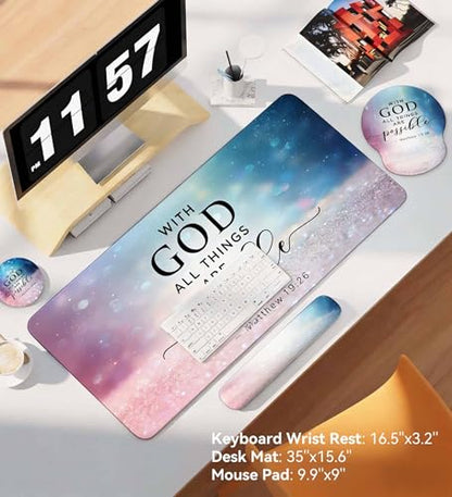 Desk Mat Set + Keyboard and Mouse Pad with Wrist Rest Support,4-in-1 Large Mousepad Computer Mats for Desktop Home & Office-with God - color: D3-Glitter Green