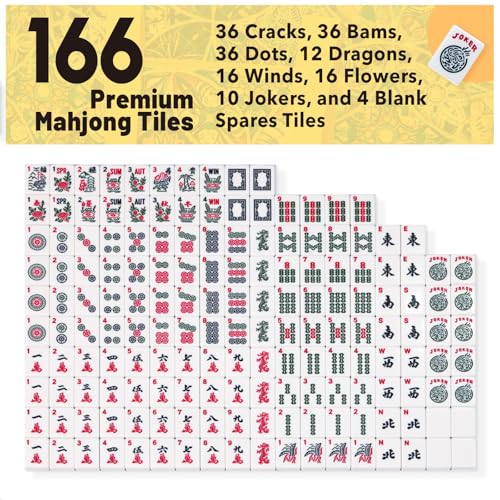 American Mahjong Tile Set with Yellow Printed Carrying Bag, 166 Blue Tiles, 4 All-in-One Color Racks/Pushers, Mah Jongg Sets, Mahjong Game Set for Travel, Christmas, Birthday Gifts - color: Yellow（blue Tiles）