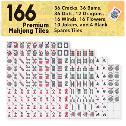 American Mahjong Tile Set with Yellow Printed Carrying Bag, 166 Blue Tiles, 4 All-in-One Color Racks/Pushers, Mah Jongg Sets, Mahjong Game Set for Travel, Christmas, Birthday Gifts - color: Yellow（blue Tiles）