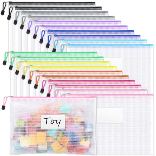Sooez 20 Pack Mesh Zipper Pouch Bags, A4 Letter Size, Classroom Zipper Bags | Waterproof Bag Organizer with Label Pocket, School Office Teacher Student Supplies, Storage Pouches Board Game Toy Storage - style: 20 Pack