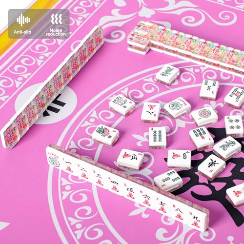 Mahjong Mat,Mahjong Table Mat with 3 Dice & Carrying Bag for Card, Board & Tile Games, Anti Slip and Noise Reduction Table Cover(Pink, 31.5 inches) - color: Pink