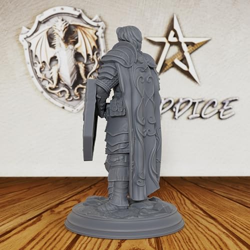 AUSPDICE Master Fighter 28mm, Unpainted Human Fantasy RPG Miniature AS227 | DND Miniature for Dungeon Masters: Armored Swordsman with Longsword and Ornate Shield for TTRPG Battles and Castle Defense
