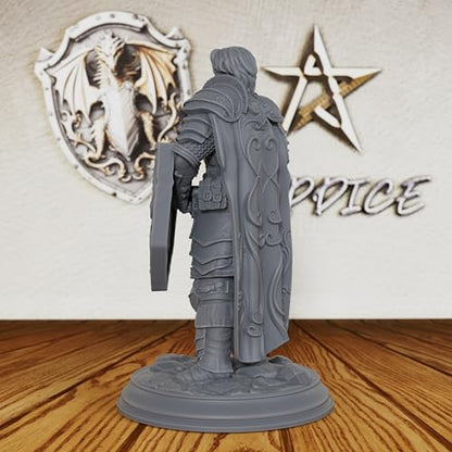 AUSPDICE Master Fighter 28mm, Unpainted Human Fantasy RPG Miniature AS227 | DND Miniature for Dungeon Masters: Armored Swordsman with Longsword and Ornate Shield for TTRPG Battles and Castle Defense