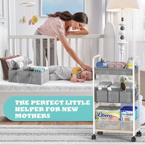 2In1 Baby Diaper Caddy & 3-Tier Rolling Diaper Cart, Diaper Caddy Organizer Cart with Dividers, Metal Detachable Bedside Cart for Baby Nursery Essentials, Large Capacity, Easy to Assemble, White - color: White