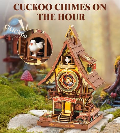 ROKR Cuckoo Clock 3D Wooden Puzzle with LED Light & Hourly Chime for Adults | DIY Wooden Clock Model Building Set, Unique Gift for Women Men