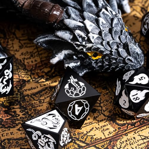 Cusdie 7-Piece Sharp Edges DND Dice Set with Dragon Pattern - Perfect for Tabletop RPGs Board Games Gifting and Collecting(Black with White Number) - color: Dragon Pattern B/W