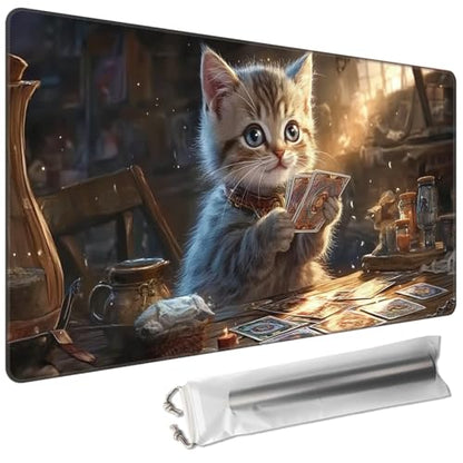 MTG Playmat 27.5 x 15.7in Includes Storage Bag,TCG Playmat with Soft Surface Premium Non-Slip Rubber Backing Stitched Edges Durable Gaming Mat,Cat Playing Cards - color: Cat Playing Cards, size: 27.5"×15.7" Regular