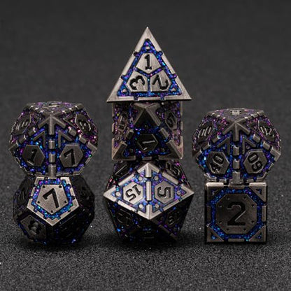 Metal D&D Dice Set, Polyhedral Metallic Dice with Cracks for Dungeons and Dragons RPG TTRPG DND 7-Die Set with Gift Case - color: Ancient Nickel Purple