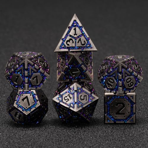 Metal D&D Dice Set, Polyhedral Metallic Dice with Cracks for Dungeons and Dragons RPG TTRPG DND 7-Die Set with Gift Case - color: Ancient Nickel Purple