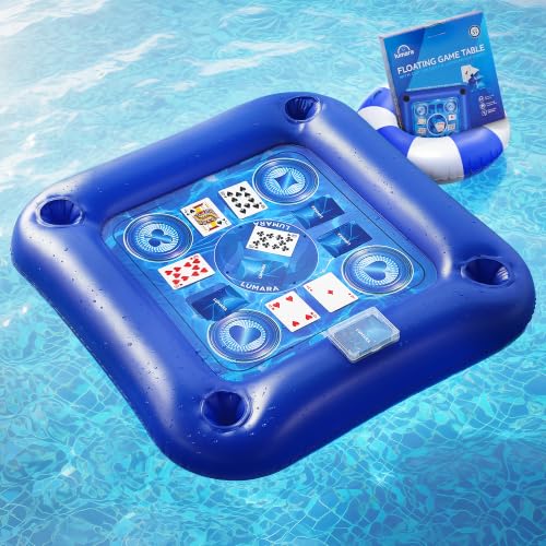 LUMARA Floating Table for Pool with Waterproof Playing Cards, Pool Games for Adults, 4 Cup Holders, Drinks and Snacks Tray, Hot Tub Party Accessory