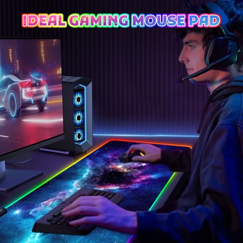 ToLuLu RGB Mouse Pad Gaming, XXL Large LED Mouse Pad with 14 Lights Modes | 35.4 x 15.7 inches Desk Mat for Keyboard and Mouse, Extended Desk Pad Mat PC Gaming Mousepad Accessories（Blue Purple Galaxy)