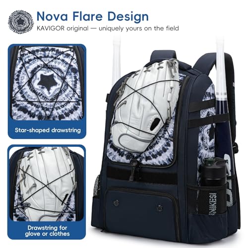 KAVIGOR Baseball Bag for Youth | Softball Backpack 50L Large Capacity with Shoe Compartment and 4 Bat Holders | Nova Flare Series - color: Black