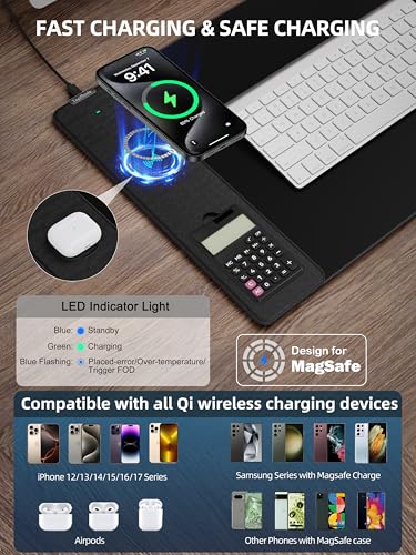 TopMade Mouse Pad with 15W Wireless Charging, Removable 8-Digit Solar Calculator, Exact Large Desk Pad, Waterproof Mousepad Home Office Desk Mat (Includes 20W PD Power Adapter & 6.56ft Woven Cable) - color: Black-Calculator-31.5"x15.8"-with Adapter
