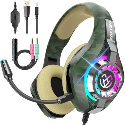 Tatybo Gaming Headset for PS5 PC, Noise Canceling Mic, RGB, Camo | Over Ear, Deep Bass Stereo Sound for FPS, Battle Royale, Lightweight for Xbox, PS4, Mobile, Nintendo, 3.5mm Devices - color: Camo