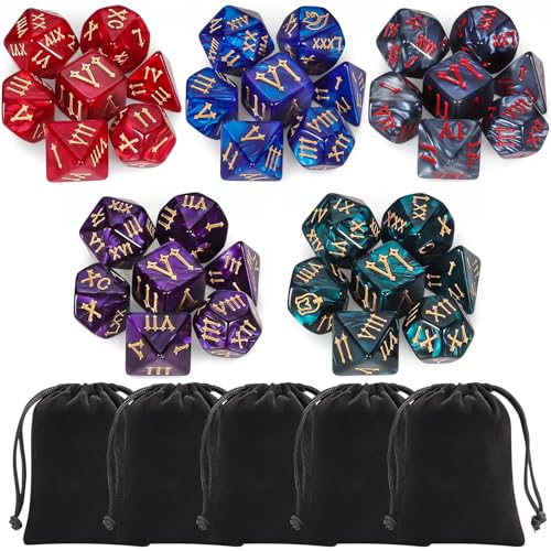 QMay 5 Sets Polyhedral Dice - 5 X 7 (35 Pieces) DND Dice with 5 Drawstring Bags, Roman Number Pattern D4 D6 D8 D10 D% D12 D20, Great for Dungeons and Dragons, RPG, MTG,Role Playing Table Games - color: 5 Sets-35pcs