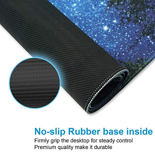 XXL Waterproof Office Desk Pad Protector 35.4x15.7 Inch - Extended Gaming Mouse Pad with Non-Slip Rubber Base, Thickened Keyboard Mat, Stitched Edges & Forest Starry Design - color: Blue