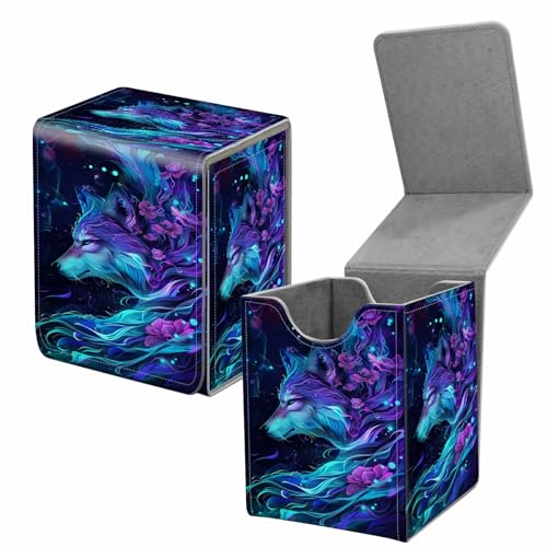 Card Deck Box for Trading Cards,MTG Commander Deck Box Fits 100+ Single Sleeved Cards,Leather Magnetic Card Storage Box for YuGiOh TCG CCG Cards,Purple Wolf - color: Purple Wolf