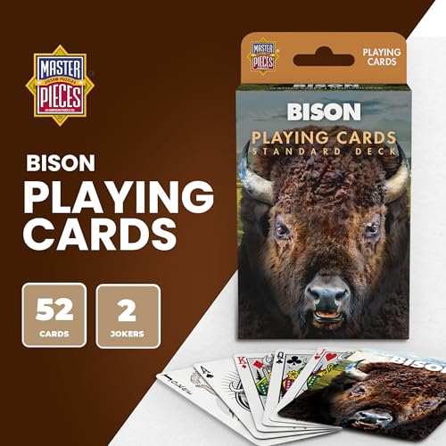 Masterpieces Bison Playing Cards Deck - Animal Themed Standard 54 Card Deck, Unique Bison Face Cards & Jokers, Retro Style, for Families & Adults - style: Bison