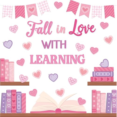 TICIAGA Pink Heart Book Learning Bulletin Board - 62Pcs Back to School Bookshelf Fall in Love with Learning Pink Heart Cutout Border Book Flag Banner for February School Library Classroom Wall Decor - style: Valentines