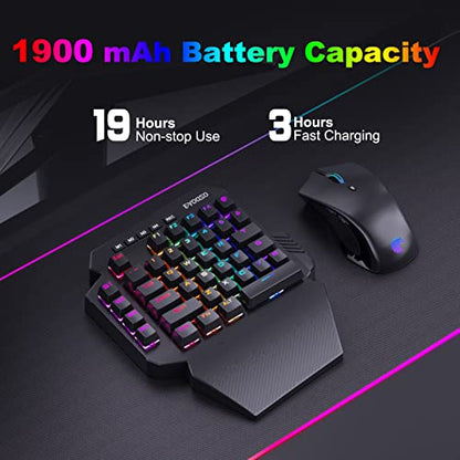 HUO JI Wireless One Handed Mechanical Gaming Keyboard, Red Switch | 6 Onboard Macro Keys, 2.4Ghz and USB-C Wired Dual Mode, RGB Led Backlit, Wrist Rest, Durable Battery