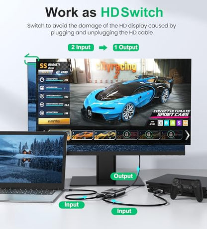 HDMI Switch 4k@60hz Splitter, GANA Aluminum Bidirectional HDMI Switcher 2 in 1 Out, Manual HDMI Hub Supports HD Compatible with Xbox PS5/4/3 Blu-Ray Player Fire Stick Roku - color: Black (No Cable)