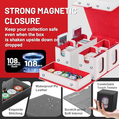 Trading Card Storage Box with Commander Display for MTG, TCG, Sports Cards, 5-in-1 Card Deck Box, Holds 450+ Double-Sleeved Cards, 4 Individual Deck Cases with Covers, Dice Tray & Magnetic Holders - color: White & Red
